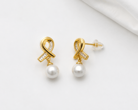 Aurielle Pearl Ribbon Drop Earrings | Anti-Tarnish Golden Finish
