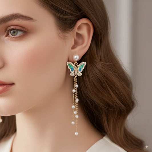 Butterfly Long Drop Earrings with Pearls Statement Dangler for Women