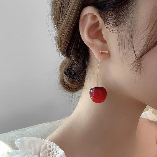Cherry Drop Earrings for Women – Glossy Red Minimal Long Dangle Earrings | Cute Statement Jewelry Daily & Party Wear - Petals & Ore
