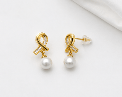 Aurielle Pearl Ribbon Drop Earrings | Anti-Tarnish Golden Finish