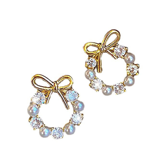 Bow Pearl Stud Earrings for Women | Crystal Circle Design | Elegant Minimal Daily Wear Jewelry