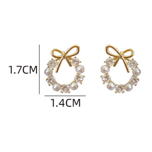 Bow Pearl Stud Earrings for Women | Crystal Circle Design | Elegant Minimal Daily Wear Jewelry