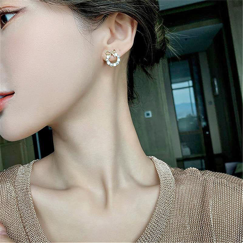 Bow Pearl Stud Earrings for Women | Crystal Circle Design | Elegant Minimal Daily Wear Jewelry