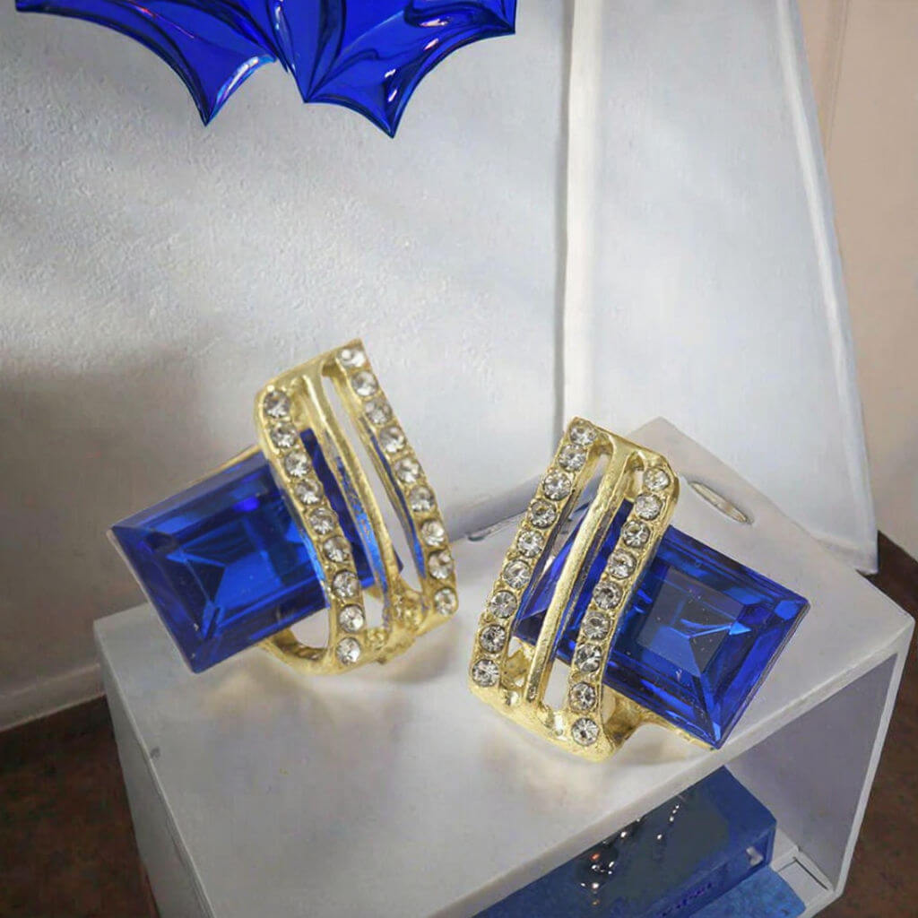 Sapphire  Royal Blue Emerald Cut Crystal Stud Earrings | Statement Earrings
