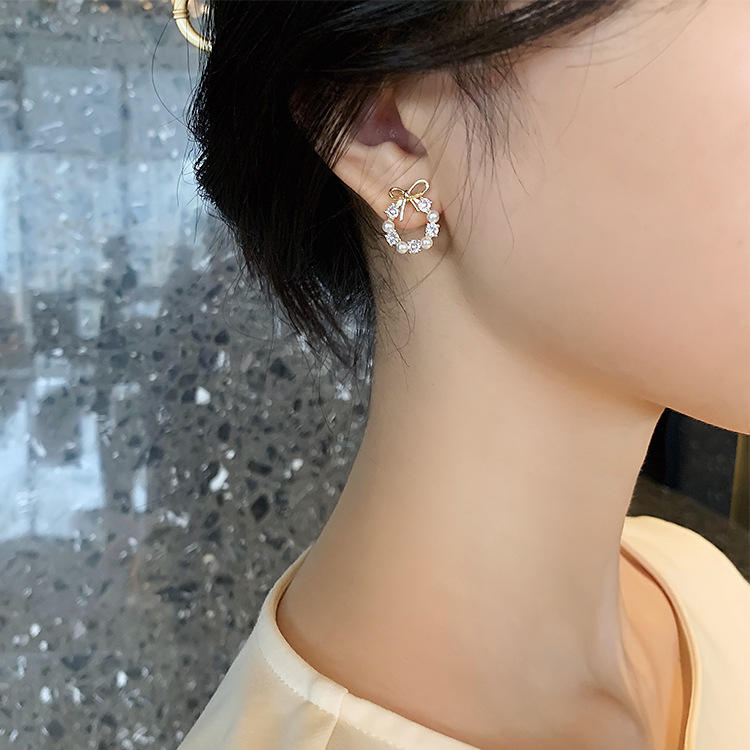 Bow Pearl Stud Earrings for Women | Crystal Circle Design | Elegant Minimal Daily Wear Jewelry