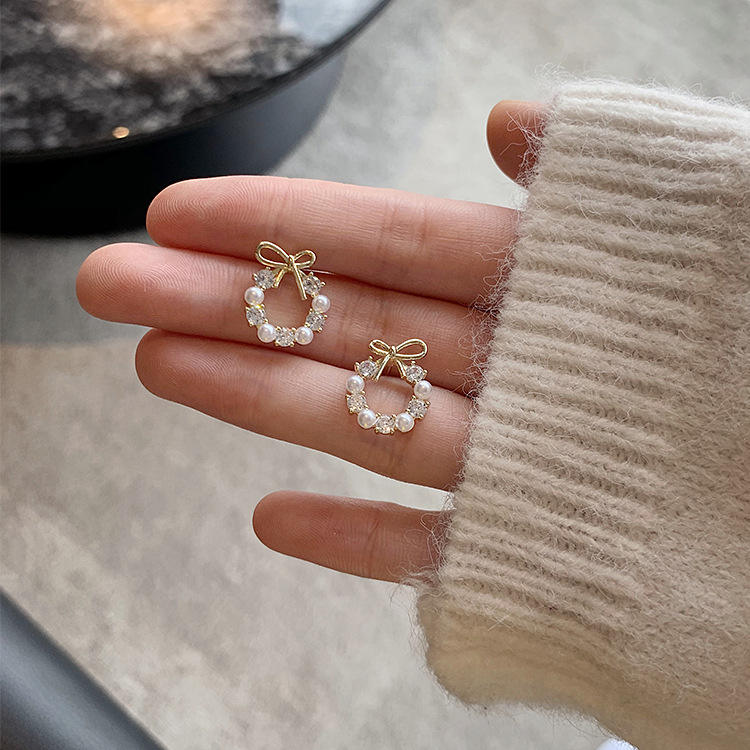 Bow Pearl Stud Earrings for Women | Crystal Circle Design | Elegant Minimal Daily Wear Jewelry