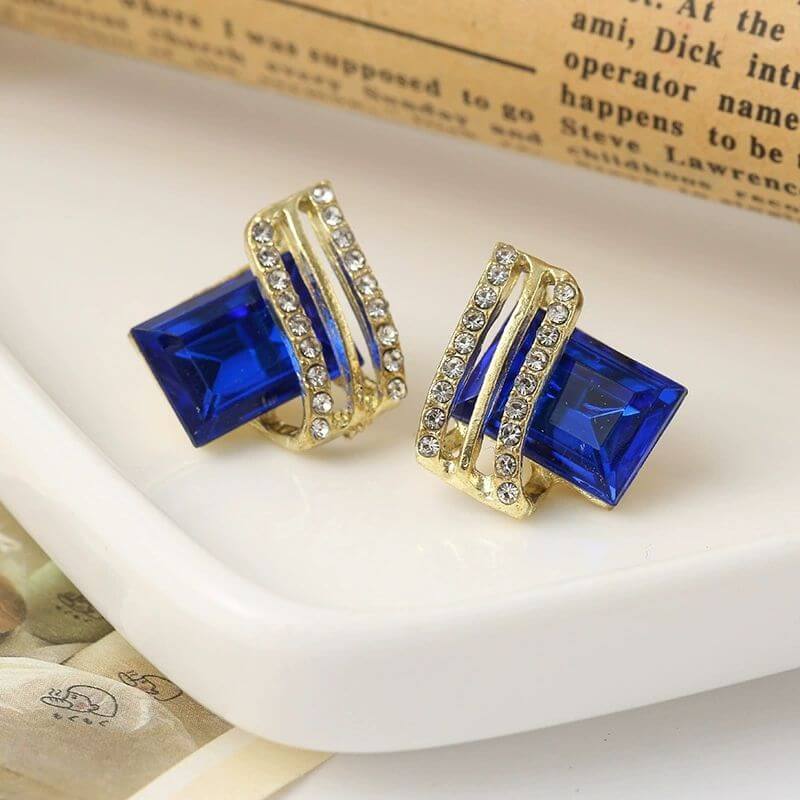 Sapphire  Royal Blue Emerald Cut Crystal Stud Earrings | Statement Earrings