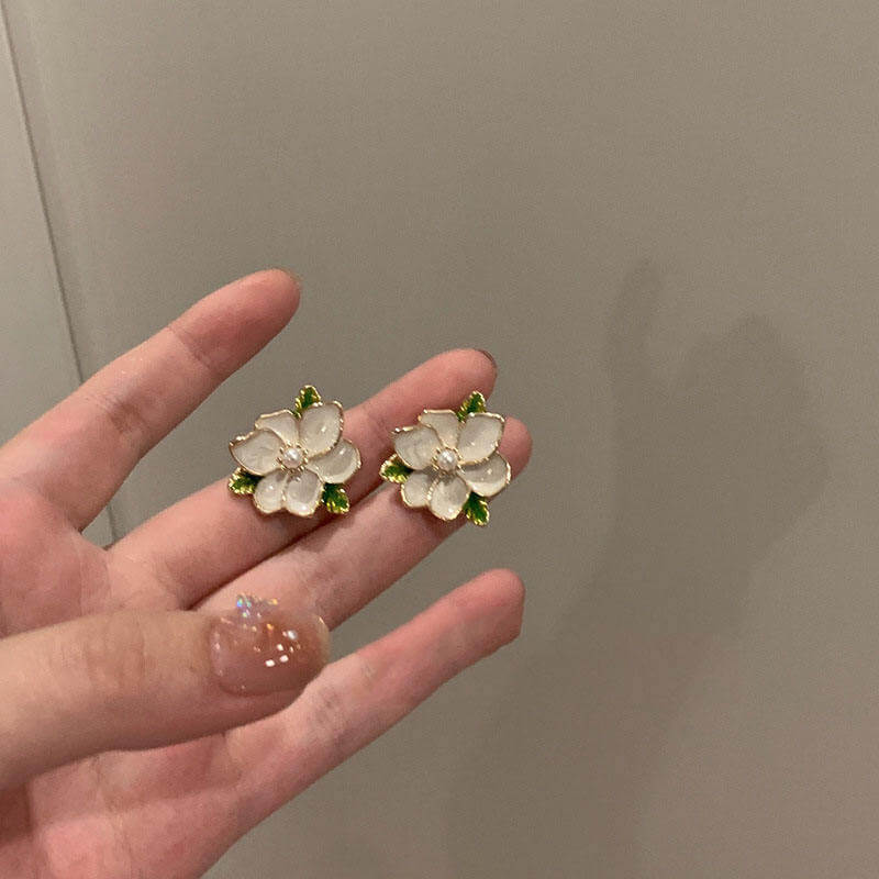 Garden Bloom Pearl Stud Earrings | White Enamel & Golden Petal Design