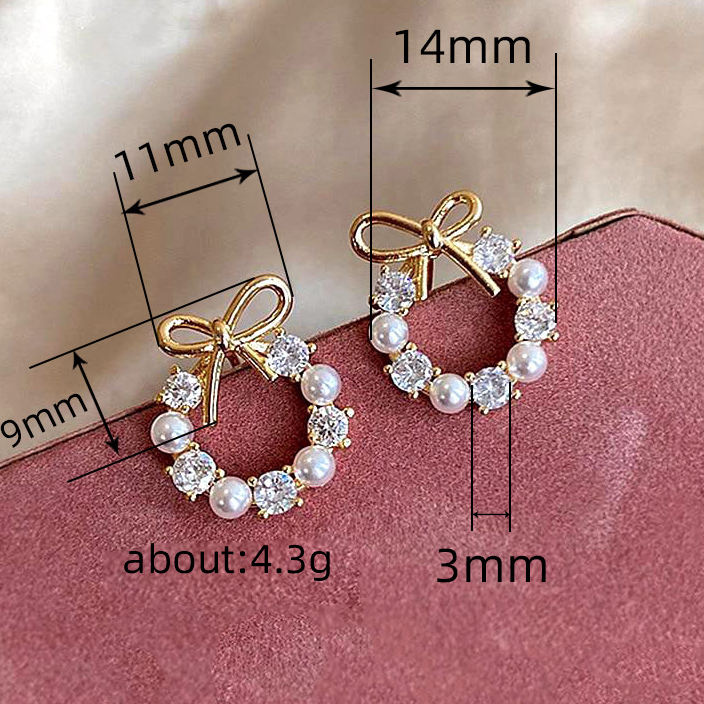 Bow Pearl Stud Earrings for Women | Crystal Circle Design | Elegant Minimal Daily Wear Jewelry