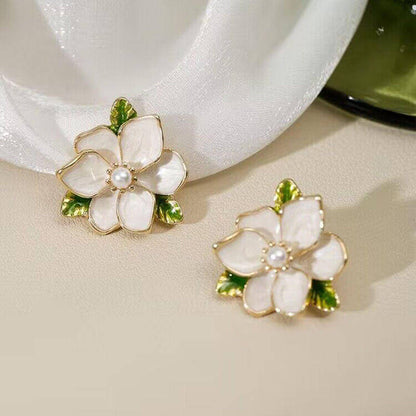 Garden Bloom Pearl Stud Earrings | White Enamel & Golden Petal Design