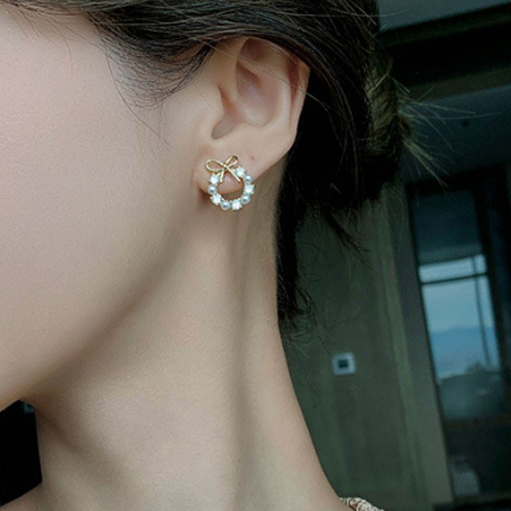 Bow Pearl Stud Earrings for Women | Crystal Circle Design | Elegant Minimal Daily Wear Jewelry