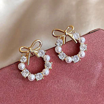 Bow Pearl Stud Earrings for Women | Crystal Circle Design | Elegant Minimal Daily Wear Jewelry
