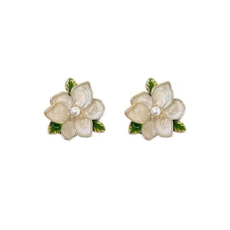 Garden Bloom Pearl Stud Earrings | White Enamel & Golden Petal Design