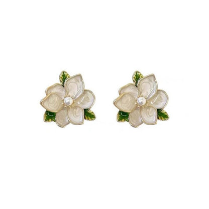 Garden Bloom Pearl Stud Earrings | White Enamel & Golden Petal Design