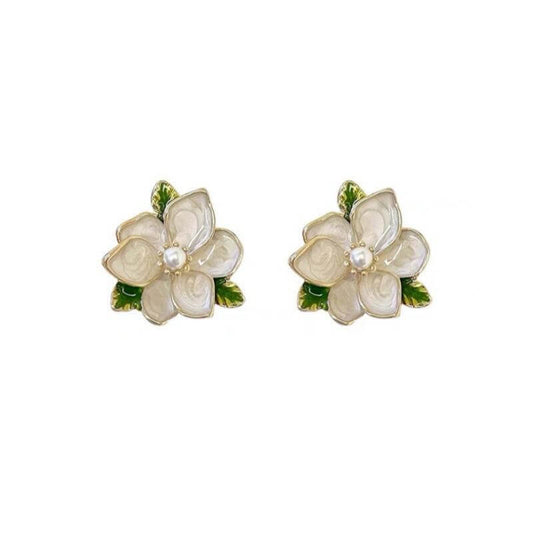 Garden Bloom Pearl Stud Earrings | White Enamel & Golden Petal Design
