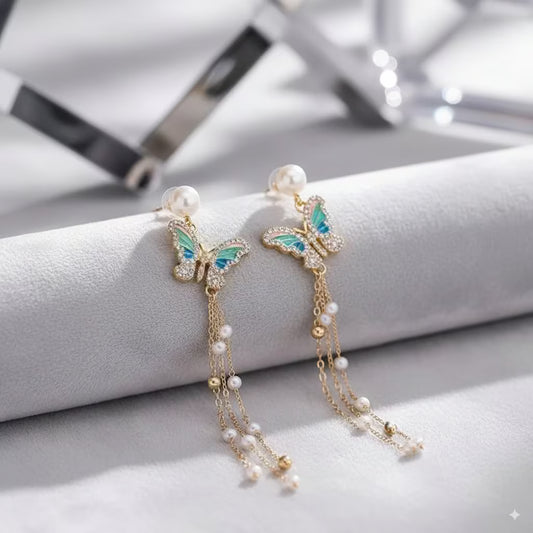 Butterfly Long Drop Earrings with Pearls Statement Dangler for Women