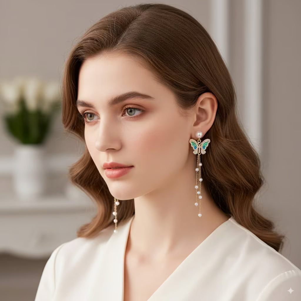 Butterfly Long Drop Earrings with Pearls Statement Dangler for Women