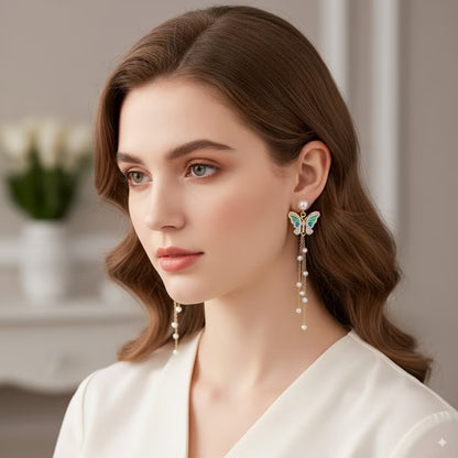 Butterfly Long Drop Earrings with Pearls Statement Dangler for Women