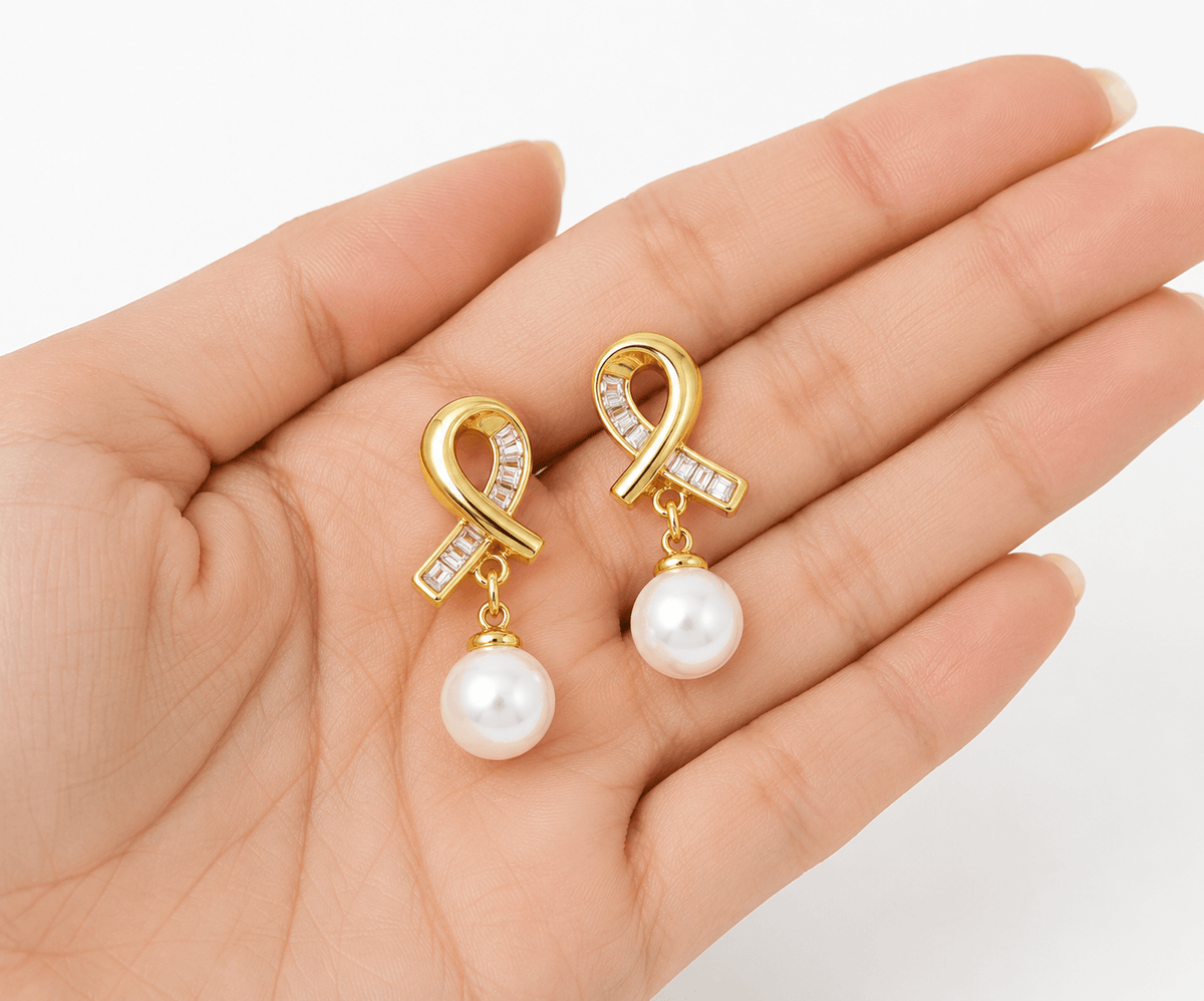 Aurielle Pearl Ribbon Drop Earrings | Anti-Tarnish Golden Finish