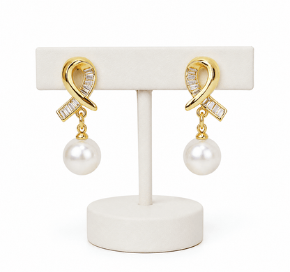 Aurielle Pearl Ribbon Drop Earrings | Anti-Tarnish Golden Finish