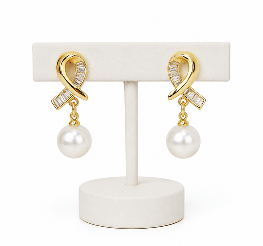 Aurielle Pearl Ribbon Drop Earrings | Anti-Tarnish Golden Finish