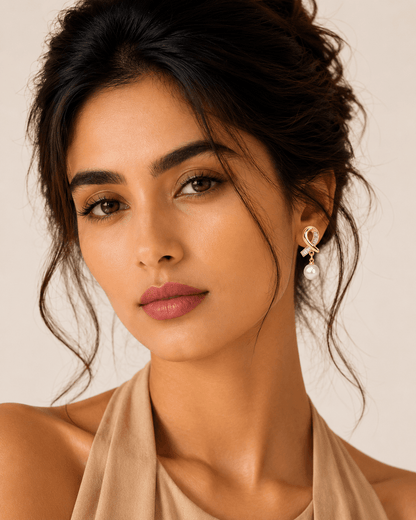 Aurielle Pearl Ribbon Drop Earrings | Anti-Tarnish Golden Finish