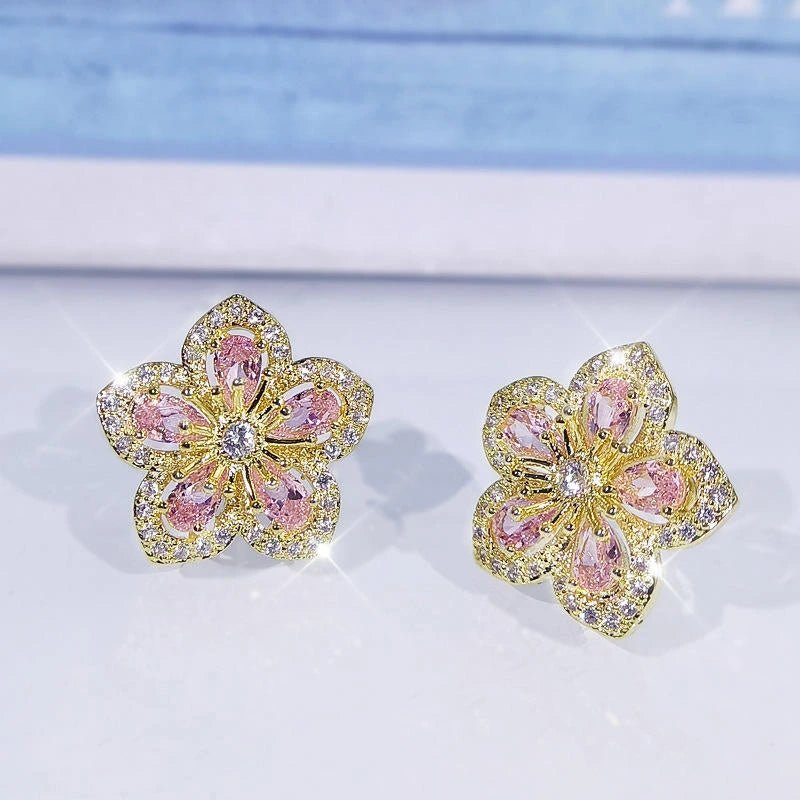 Cherry Blossom Crystal Flower Stud Earrings - Petals & Ore