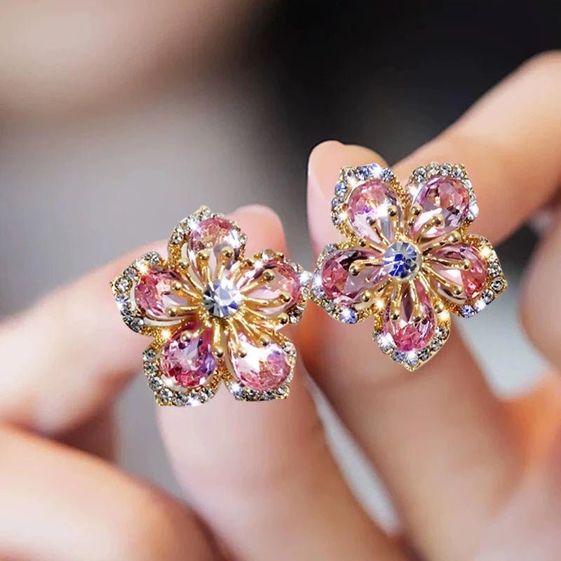 Cherry Blossom Crystal Flower Stud Earrings - Petals & Ore