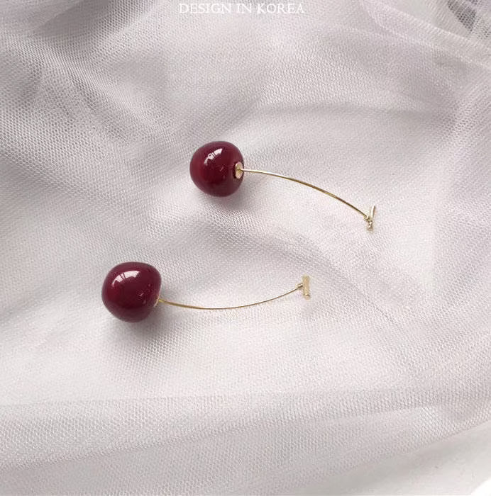Cherry Drop Earrings for Women – Glossy Red Minimal Long Dangle Earrings | Cute Statement Jewelry Daily & Party Wear - Petals & Ore