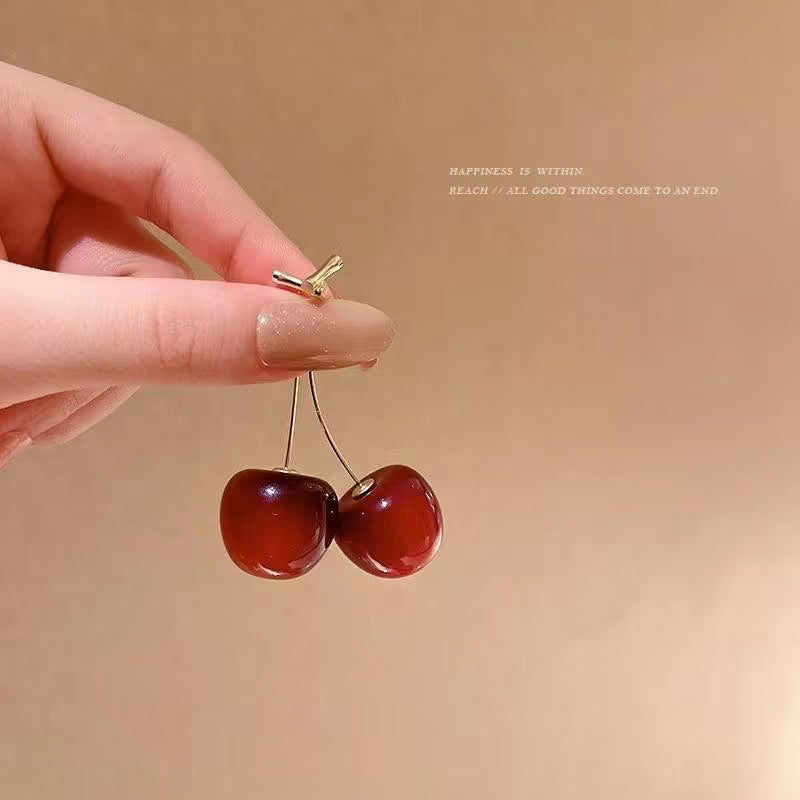 Cherry Drop Earrings for Women – Glossy Red Minimal Long Dangle Earrings | Cute Statement Jewelry Daily & Party Wear - Petals & Ore