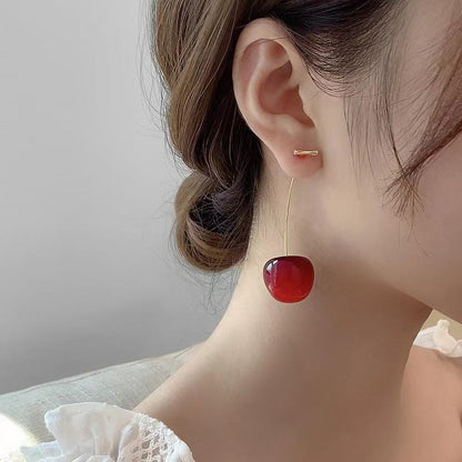 Cherry Drop Earrings for Women – Glossy Red Minimal Long Dangle Earrings | Cute Statement Jewelry Daily & Party Wear - Petals & Ore