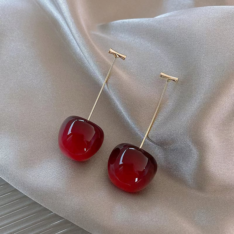 Cherry Drop Earrings for Women – Glossy Red Minimal Long Dangle Earrings | Cute Statement Jewelry Daily & Party Wear - Petals & Ore