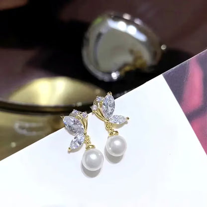 Floral Pearl Drop Earrings | Crystal Drop Pearl Earrings for Women | Elegant Floral Design | Lightweight Daily Wear - Petals & Ore