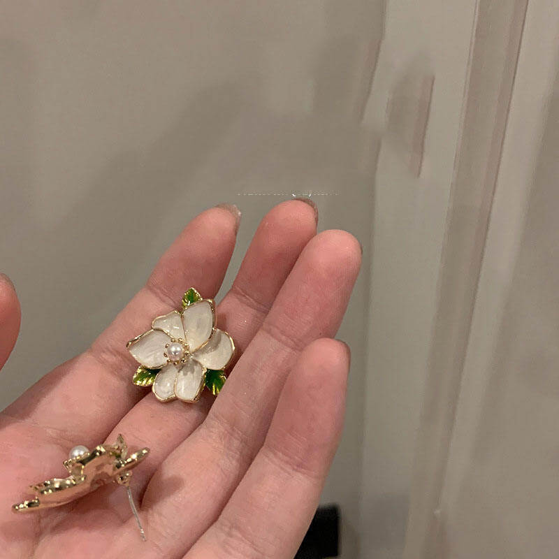 Garden Bloom Pearl Stud Earrings | White Enamel & Golden Petal Design