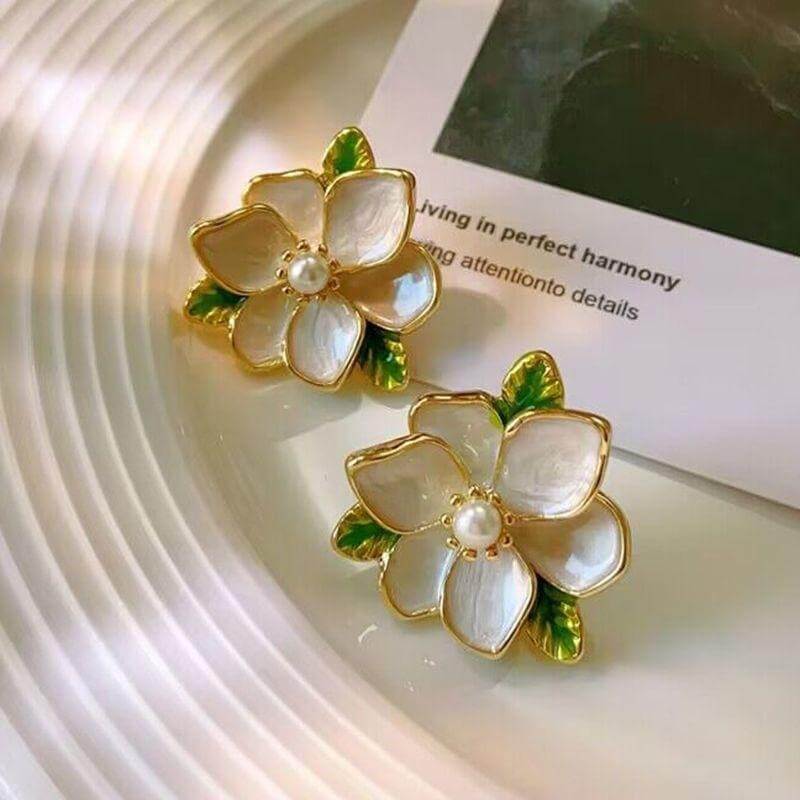 Garden Bloom Pearl Stud Earrings | White Enamel & Golden Petal Design