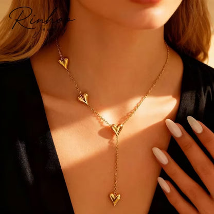 Multi Heart Lariat Necklace — Delicate Chain with Puffy Heart Charms - Petals & Ore