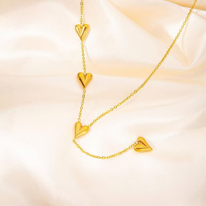Multi Heart Lariat Necklace — Delicate Chain with Puffy Heart Charms - Petals & Ore