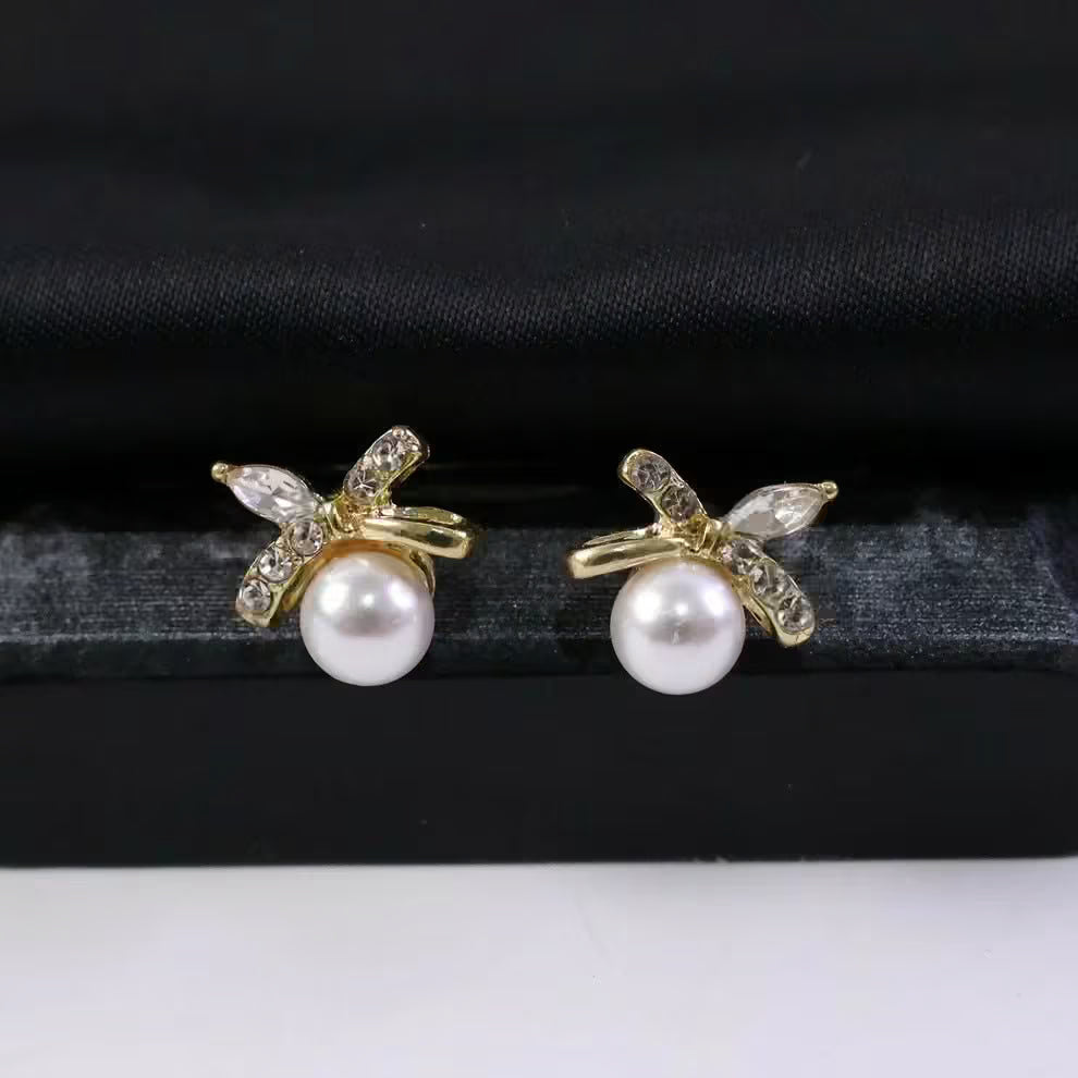 Pearl Stud Earrings for Women with Crystal Leaf Design - Petals & Ore