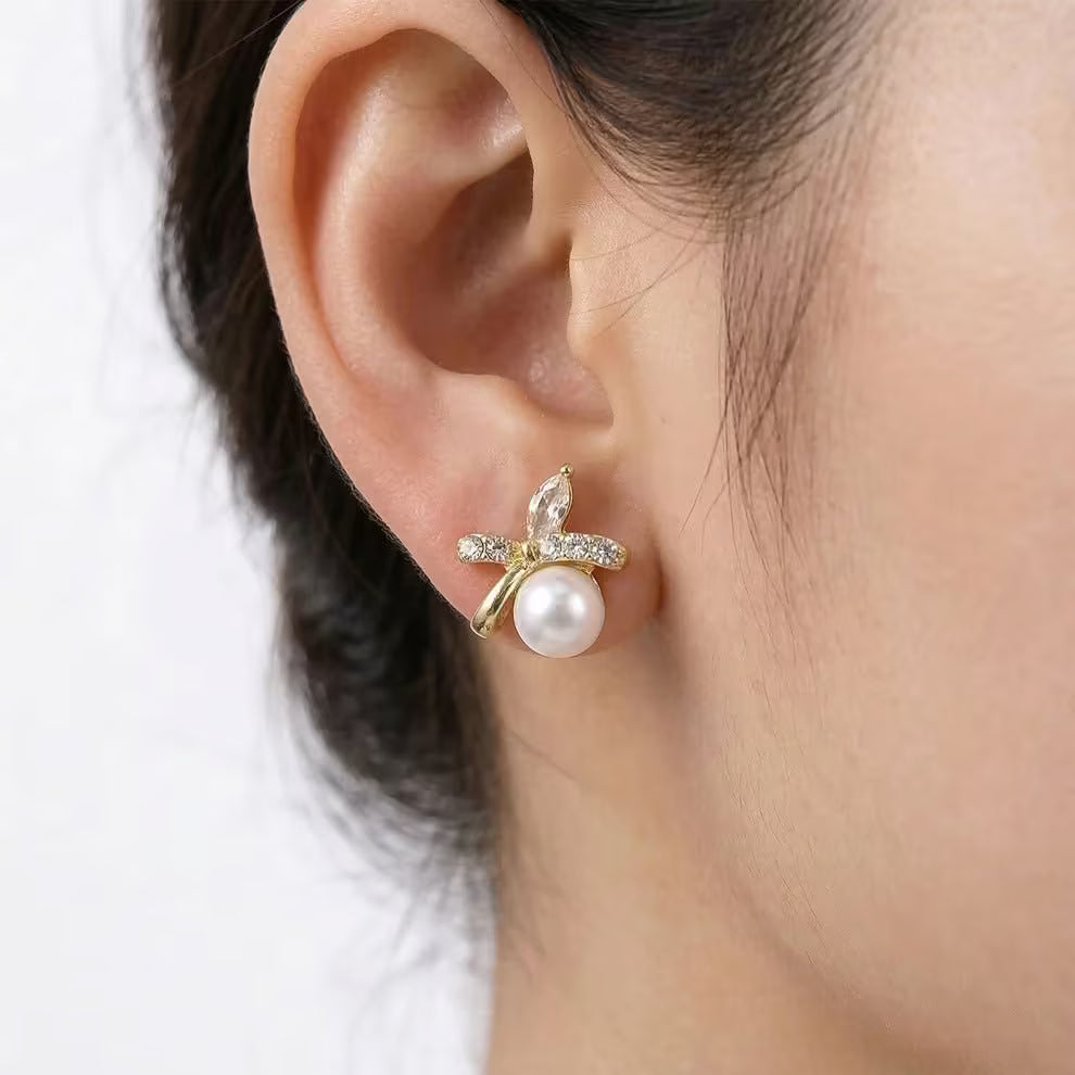 Pearl Stud Earrings for Women with Crystal Leaf Design - Petals & Ore