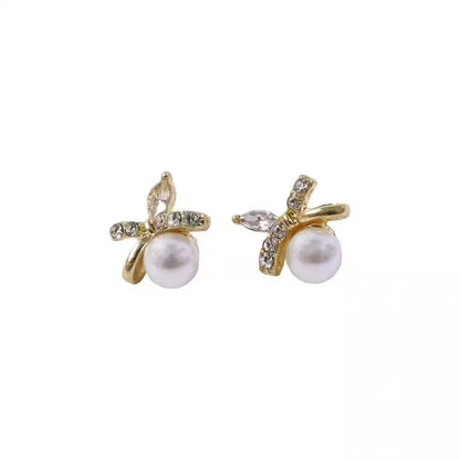 Pearl Stud Earrings for Women with Crystal Leaf Design - Petals & Ore