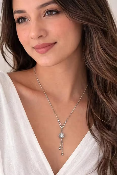 Silver Pendant Necklace for Women | Long Chain Necklace | Minimal Elegant Neckpiece | Party Wear Jewelry | Lightweight Adjustable - Petals & Ore